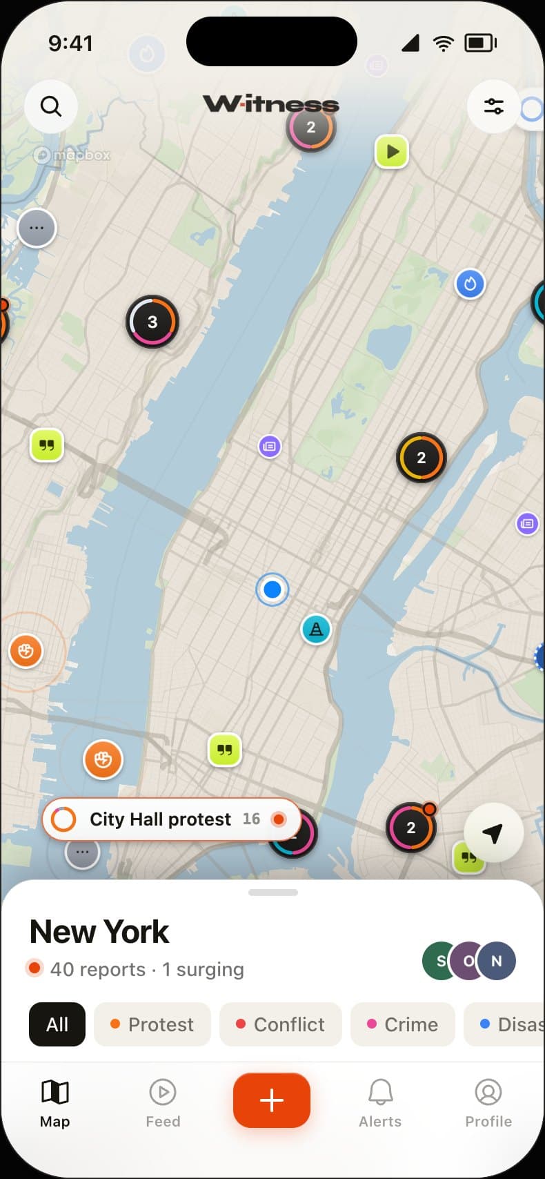The Witness app map of New York with report pins